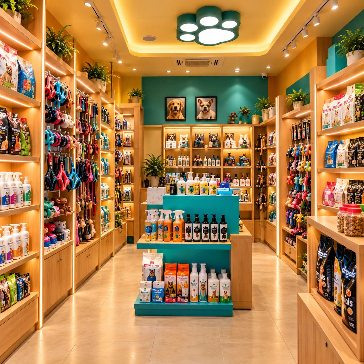 The curated retail aisle inside the Pawmiable pet grooming franchise store