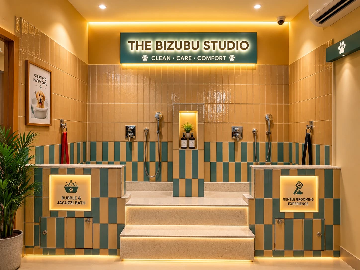 The bath and spa stations inside the Pawmiable pet grooming franchise store